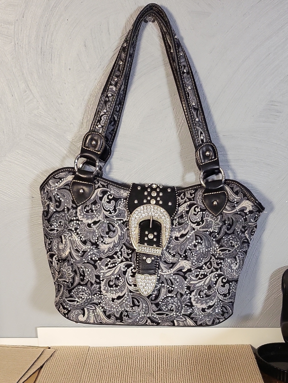 Montana West Y2k grey and black  embellished tote with bling buckle